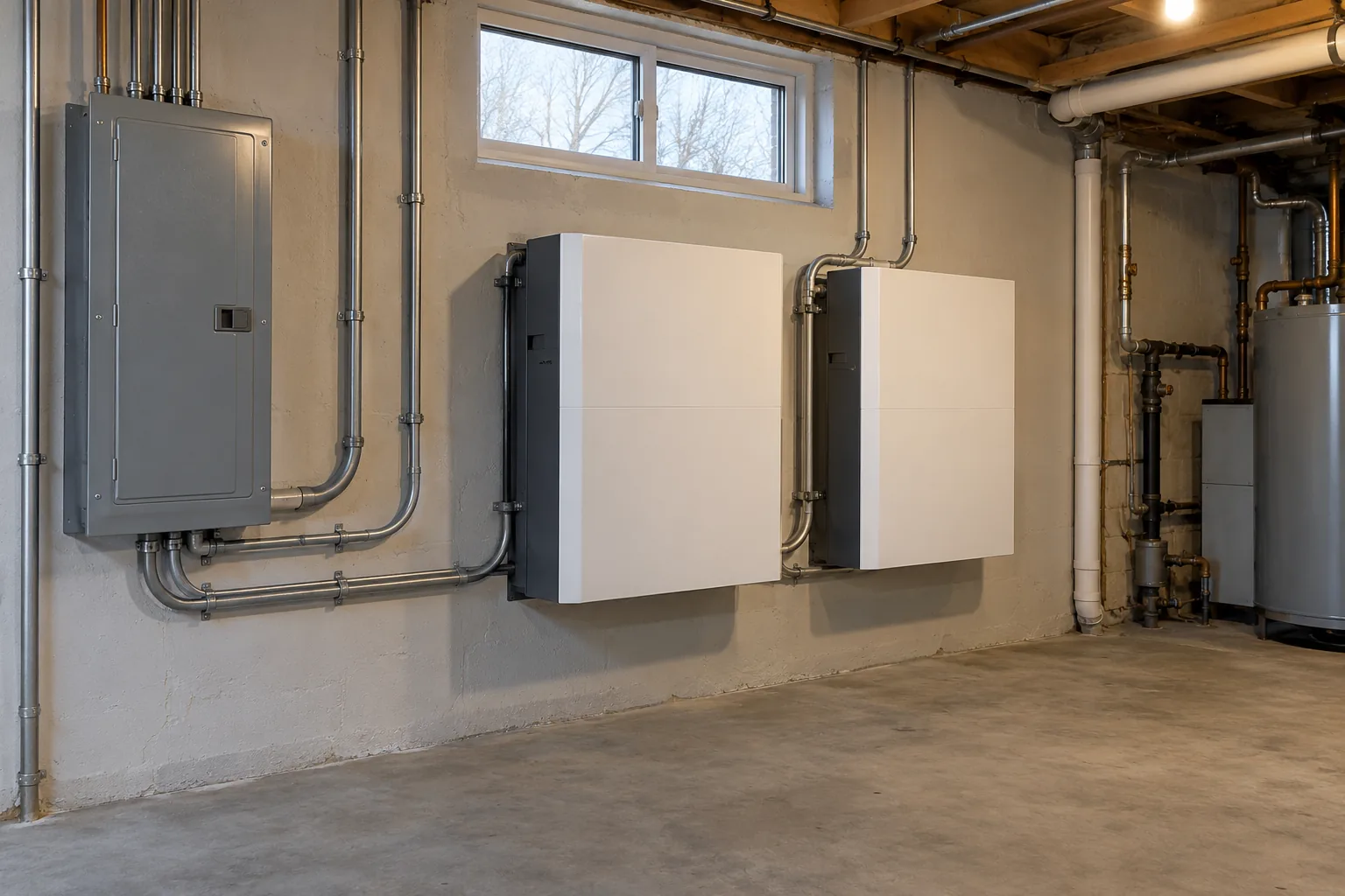 Battery storage cabinets and electrical equipment in a dedicated basement mechanical room