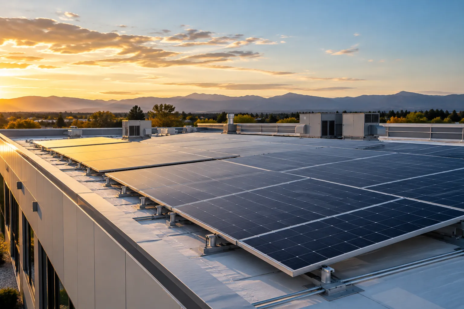 wide flat-roof commercial solar array on a low-rise business building