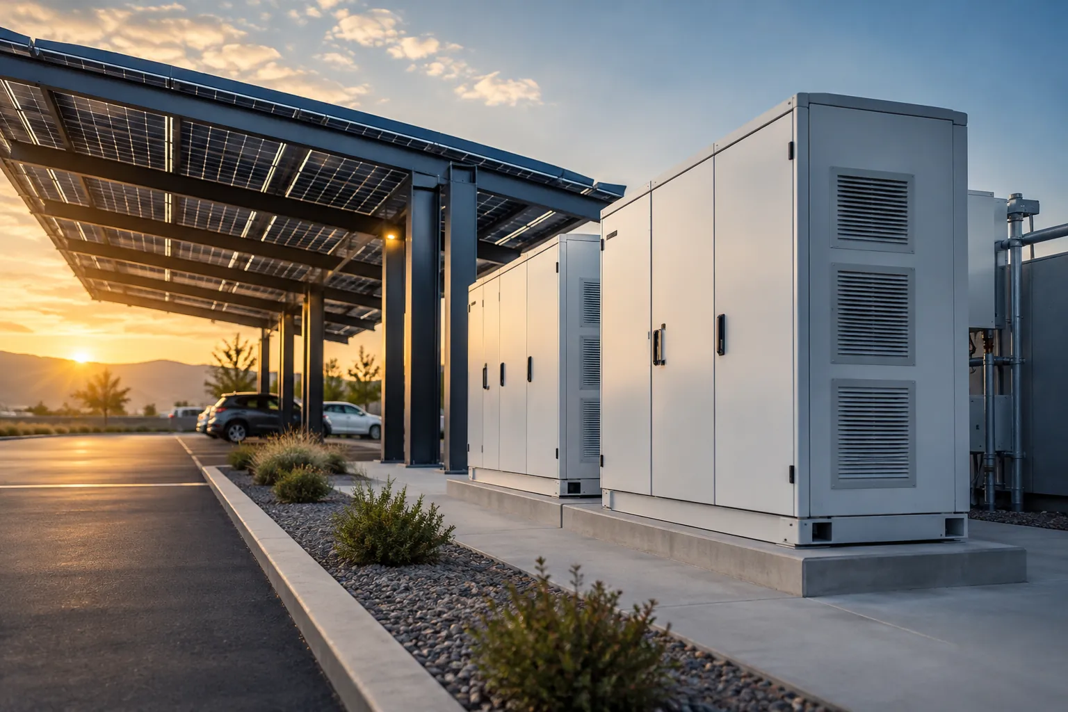 commercial energy storage cabinets on concrete pad beside solar canopy