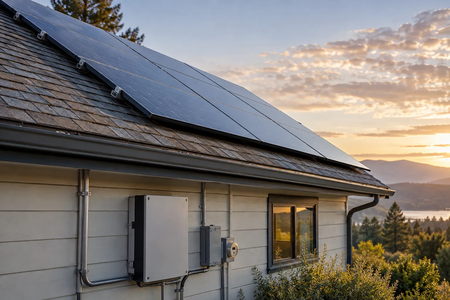 mature home solar installation with naturally weathered roof, equipment in good condition