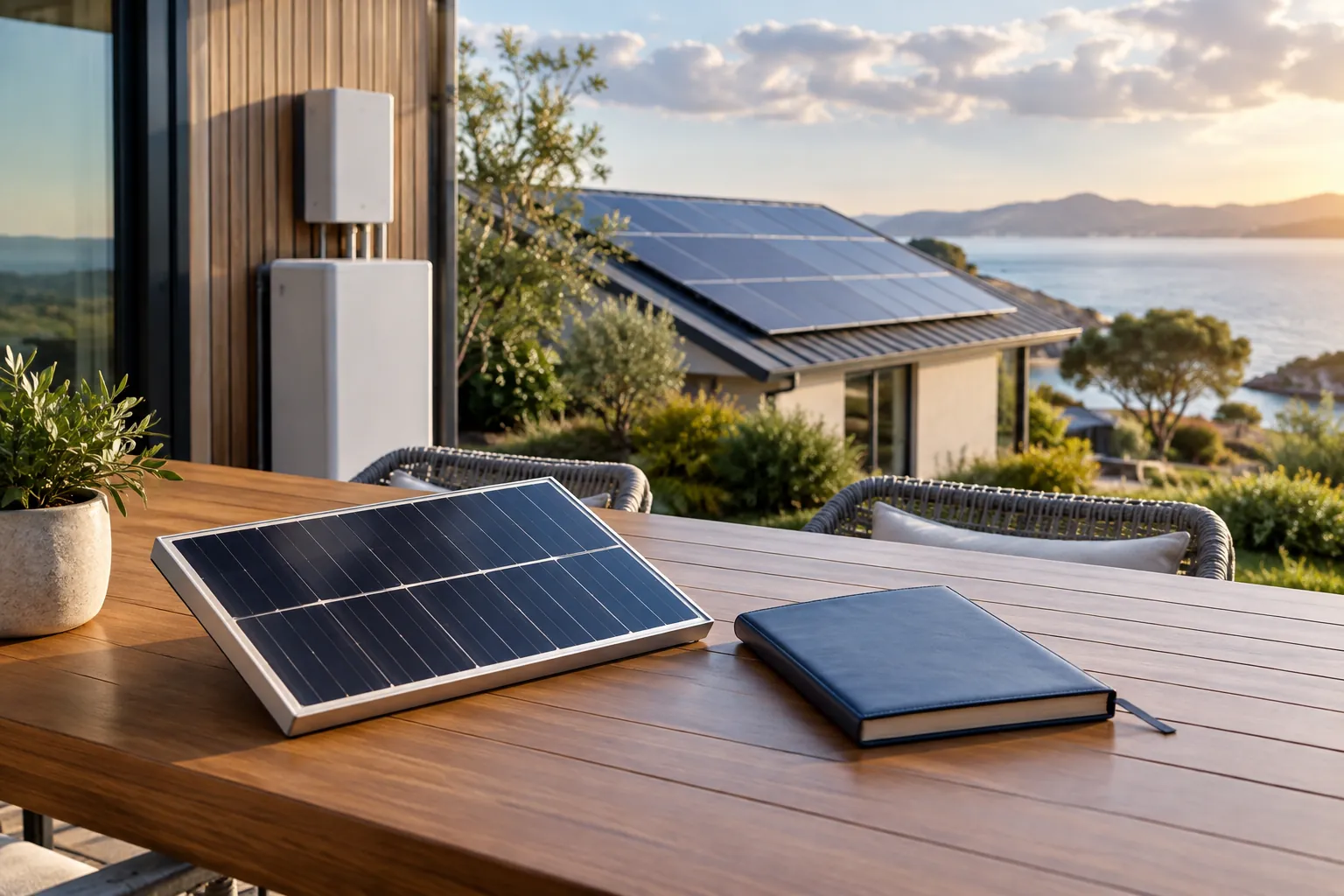 solar module sample and closed notebook on table with residential array beyond