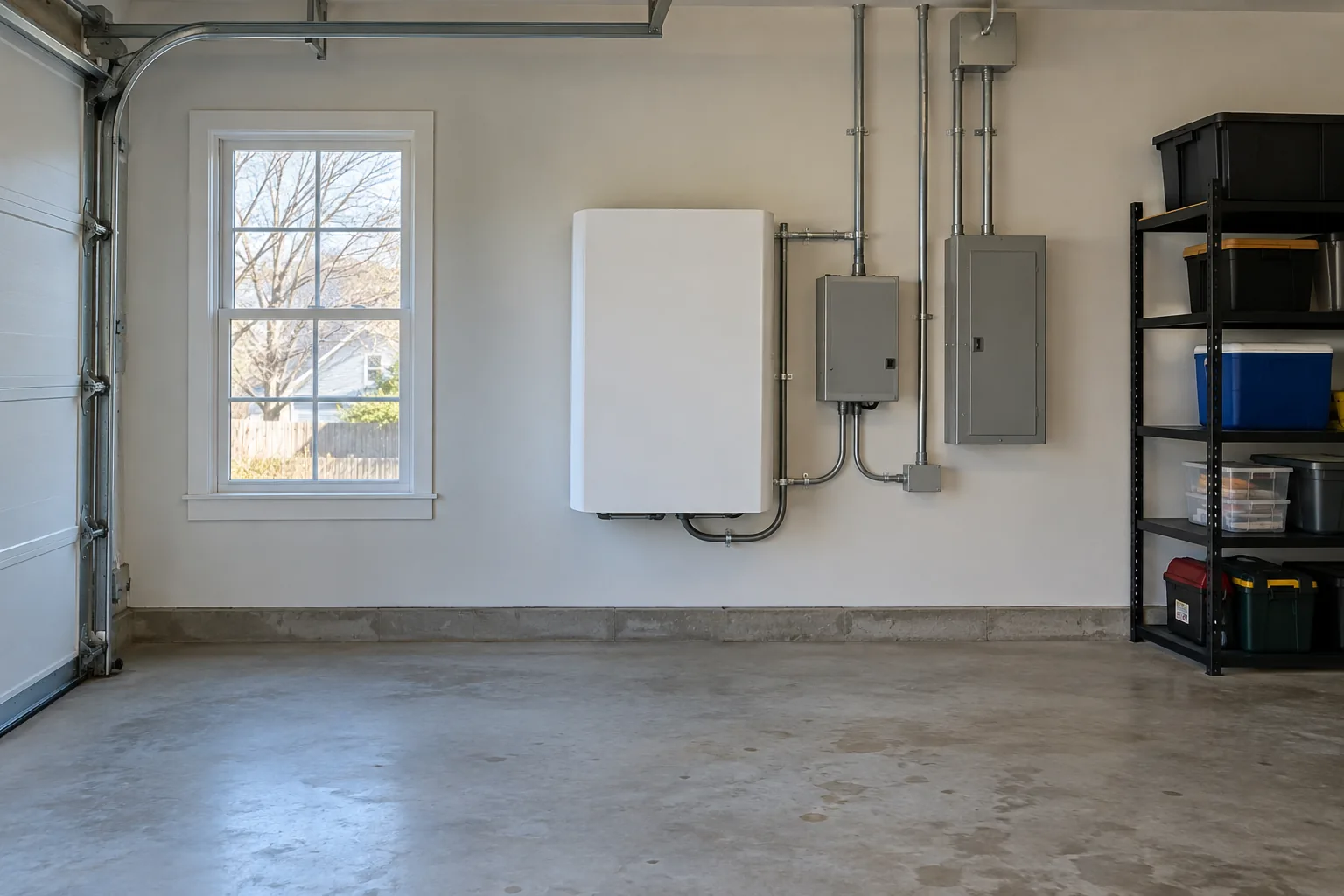 Compact home battery on a dedicated utility wall inside a residential garage