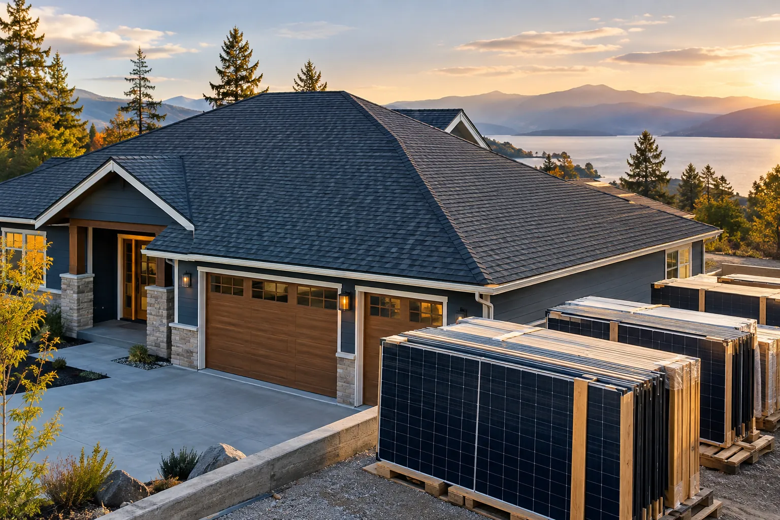 newly finished asphalt-shingle roof adjacent to temporarily stored solar panels