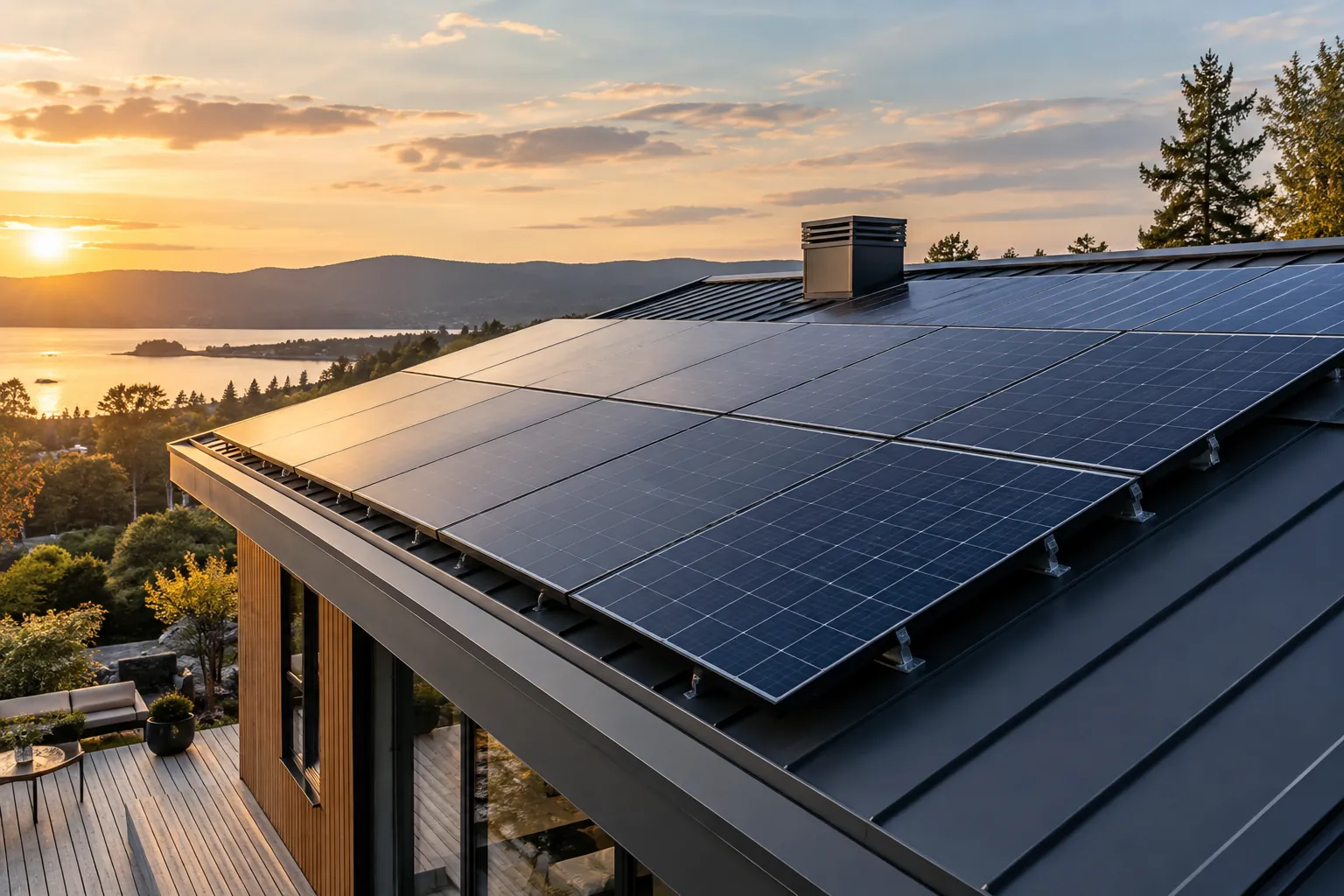 dramatic low-angle rooftop photovoltaic array with clean mounting edge