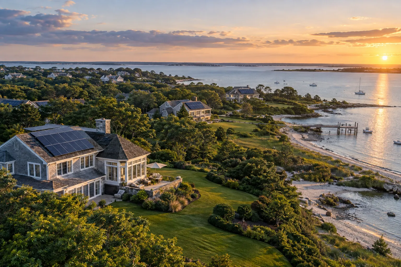 aerial-inspired coastal Long Island landscape with several distant solar homes, no map or text