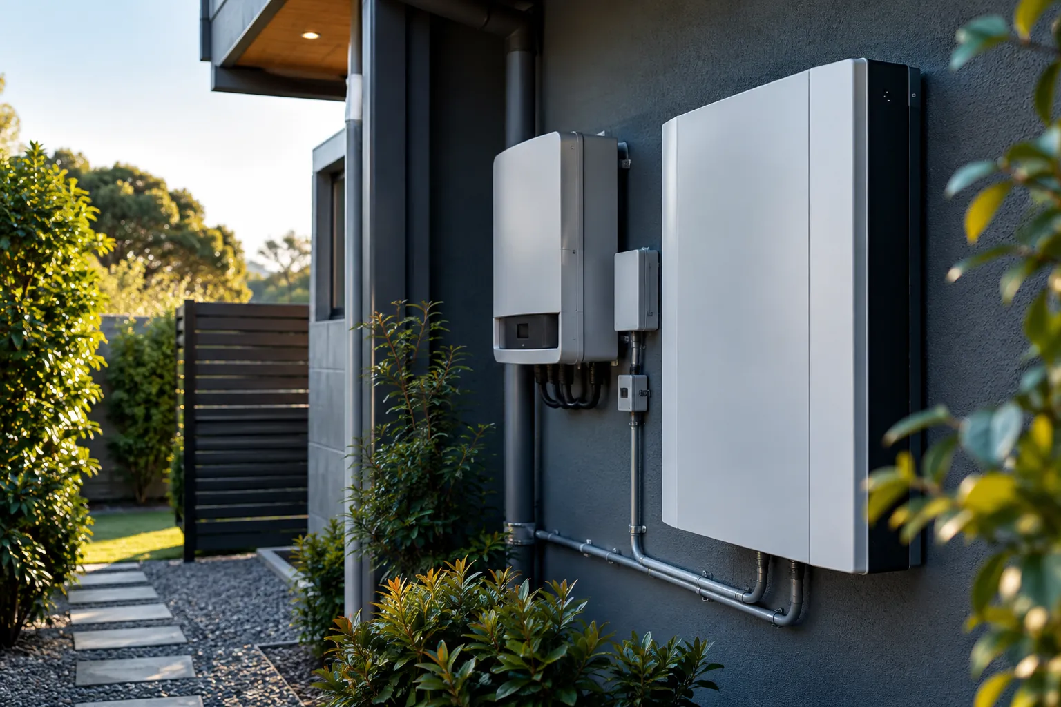wall mounted home solar battery beside tidy inverter equipment, exterior utility alcove