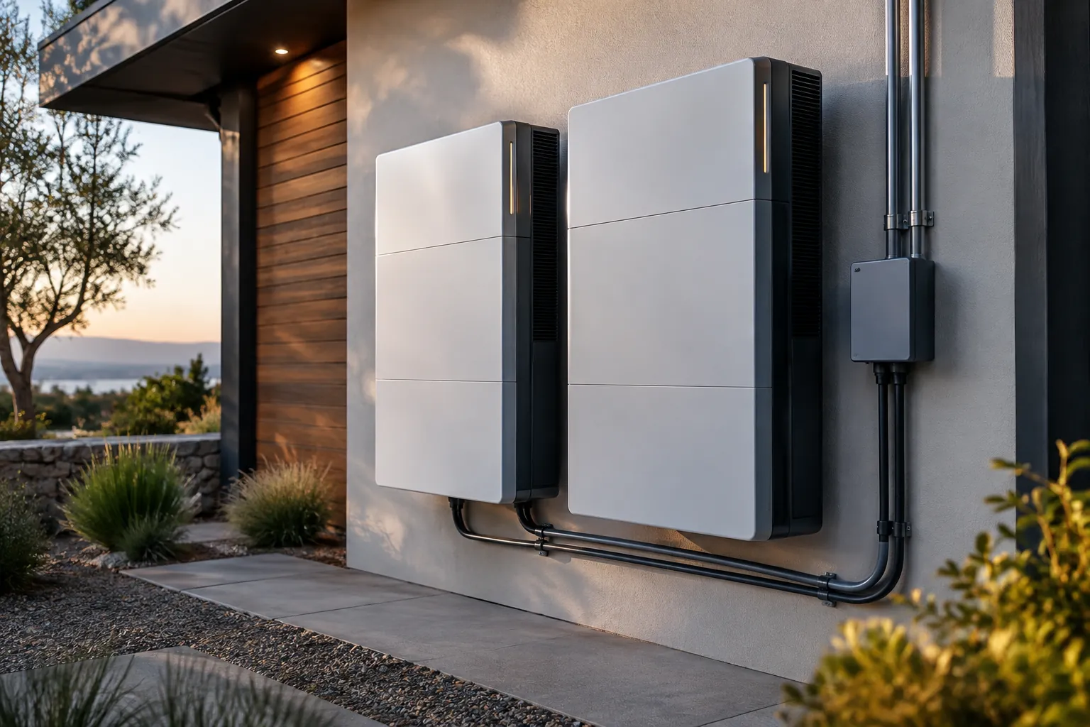 two compatible modular home batteries neatly mounted side by side