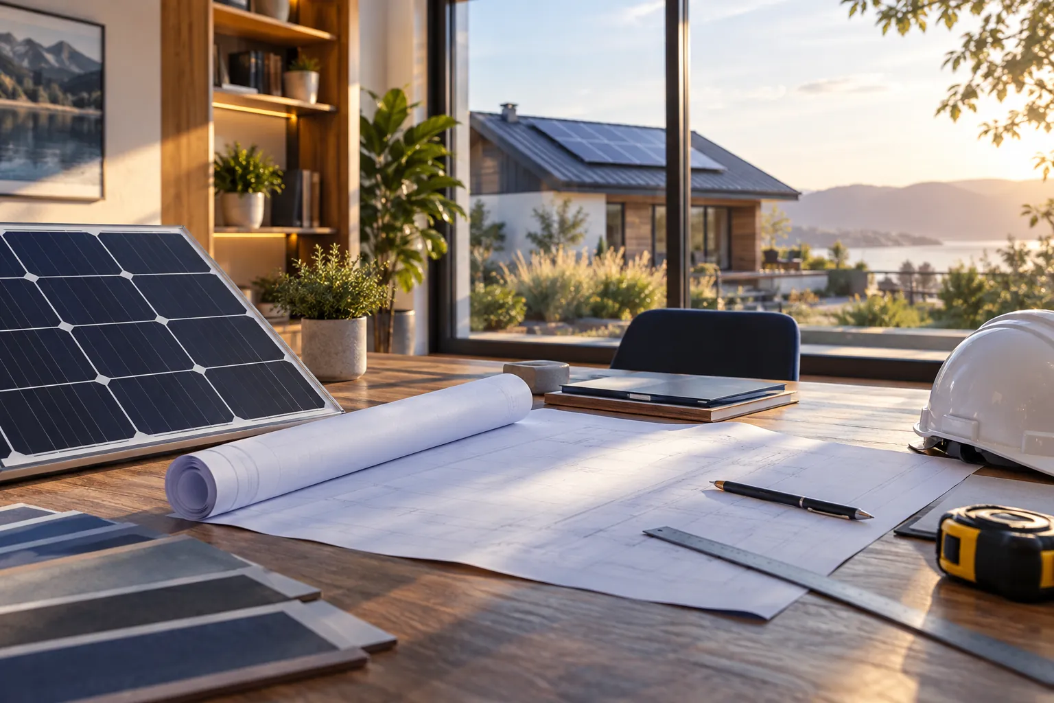 solar consultant workspace with blank plans, sample module, home visible through window