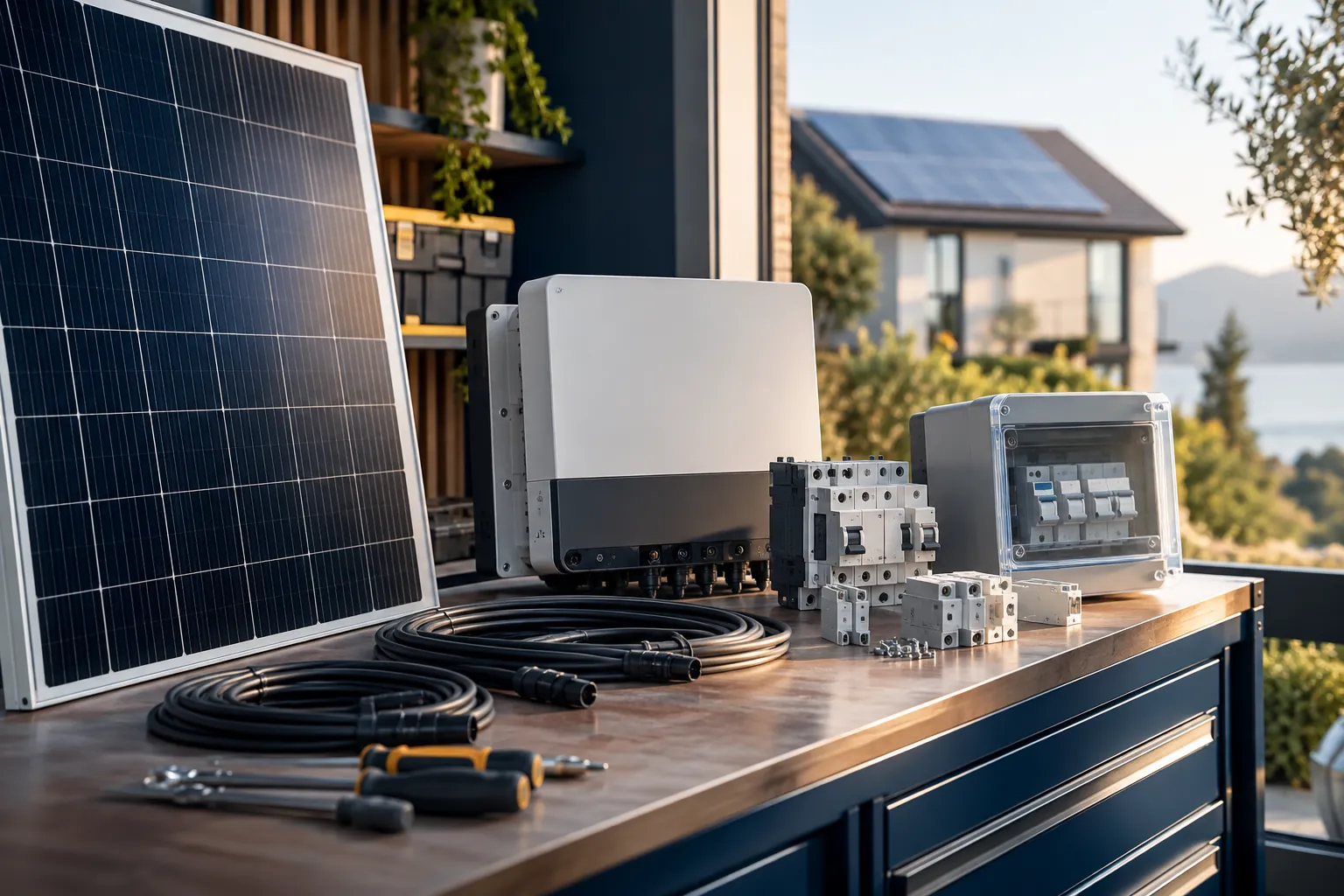 curated compatible solar components on tidy professional workbench, no text