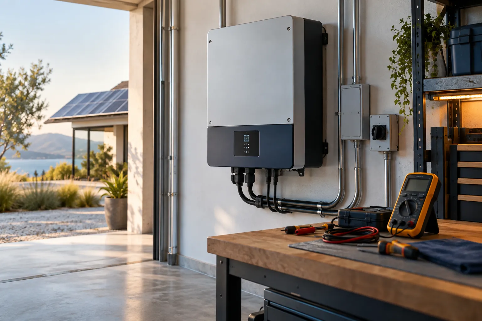 closed solar inverter with safe diagnostic tools on workbench nearby