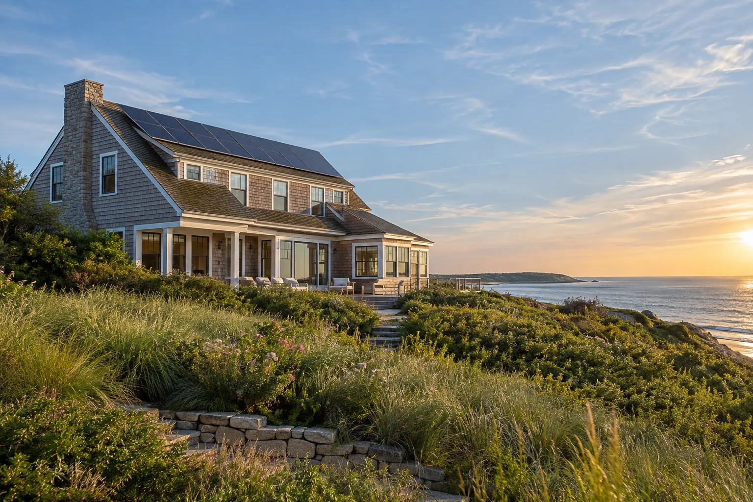 ocean-exposed shingle residence with credible rooftop solar panels