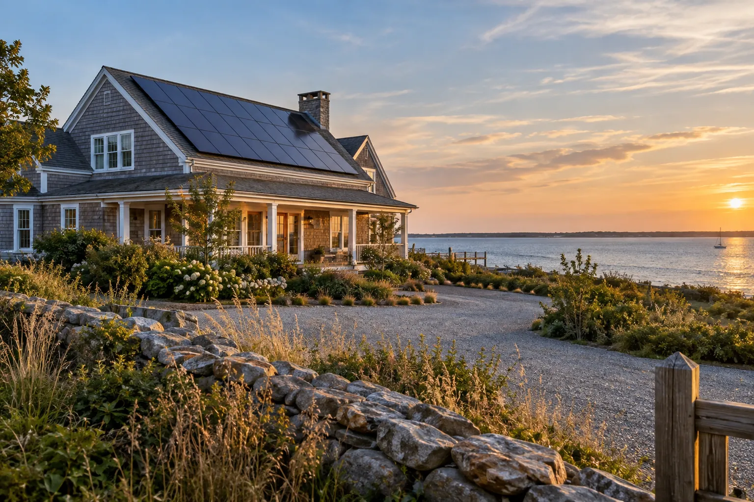 remote coastal farmhouse with service drive with credible rooftop solar panels