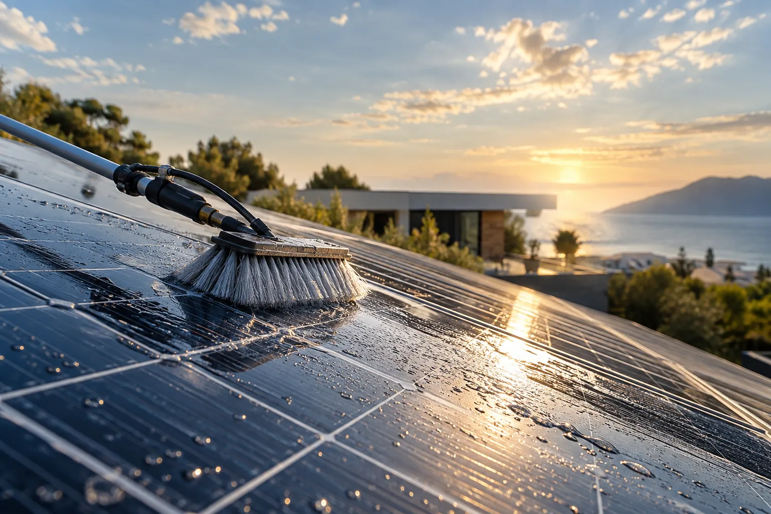 solar panel surface with soft cleaning brush and water droplets, no people