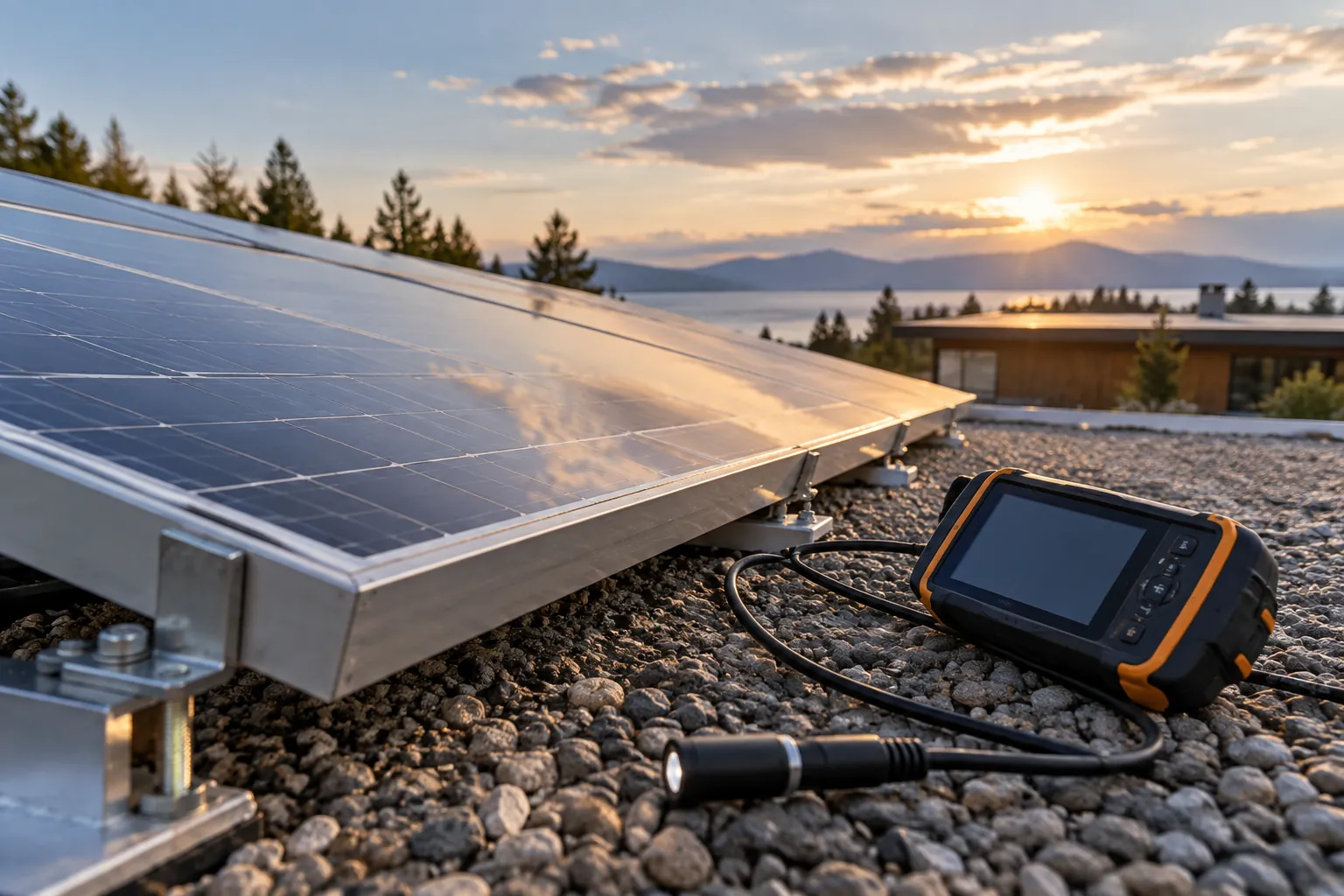 macro photovoltaic glass and module frame inspected with handheld inspection camera resting nearby