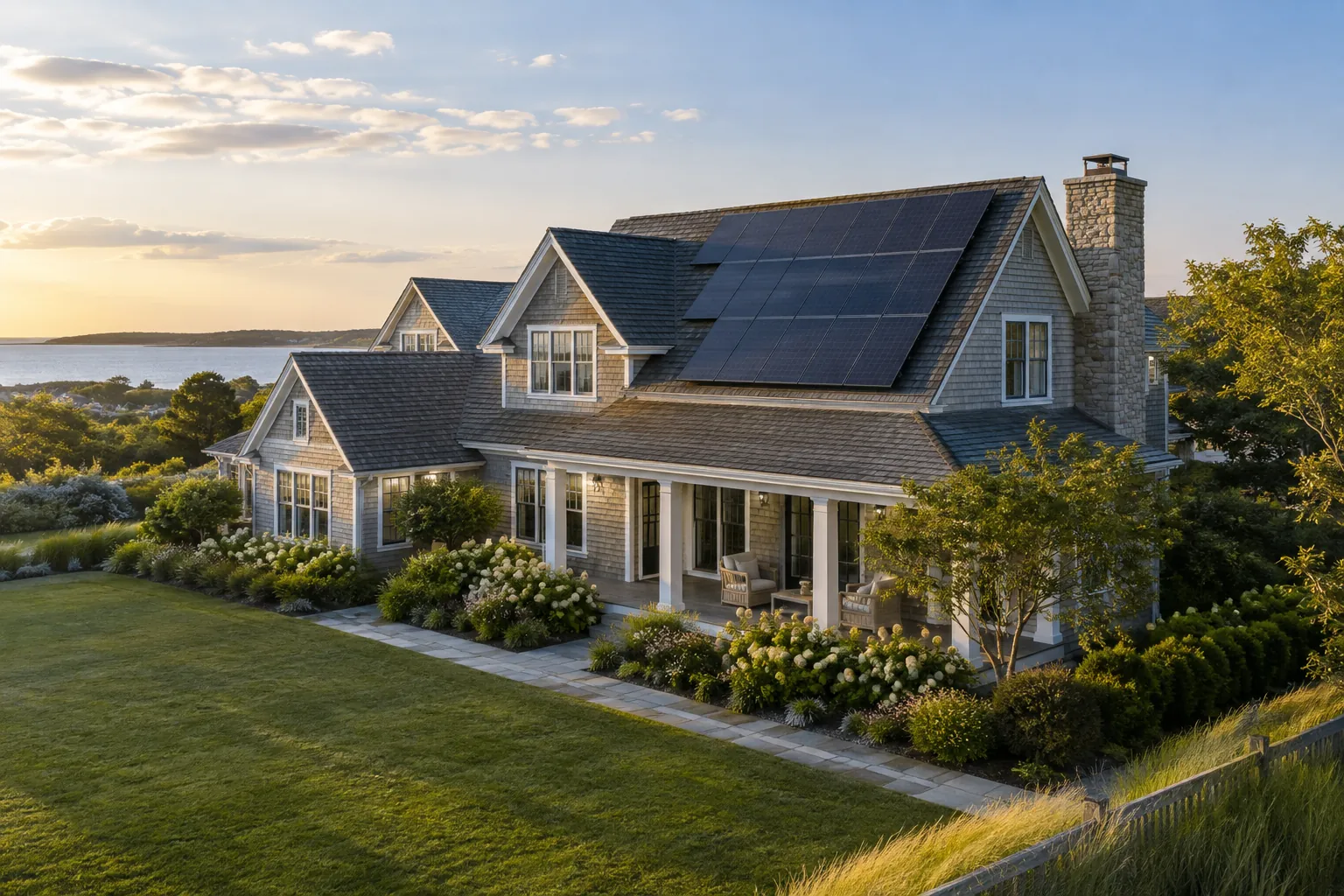 traditional home with established landscaping with credible rooftop solar panels