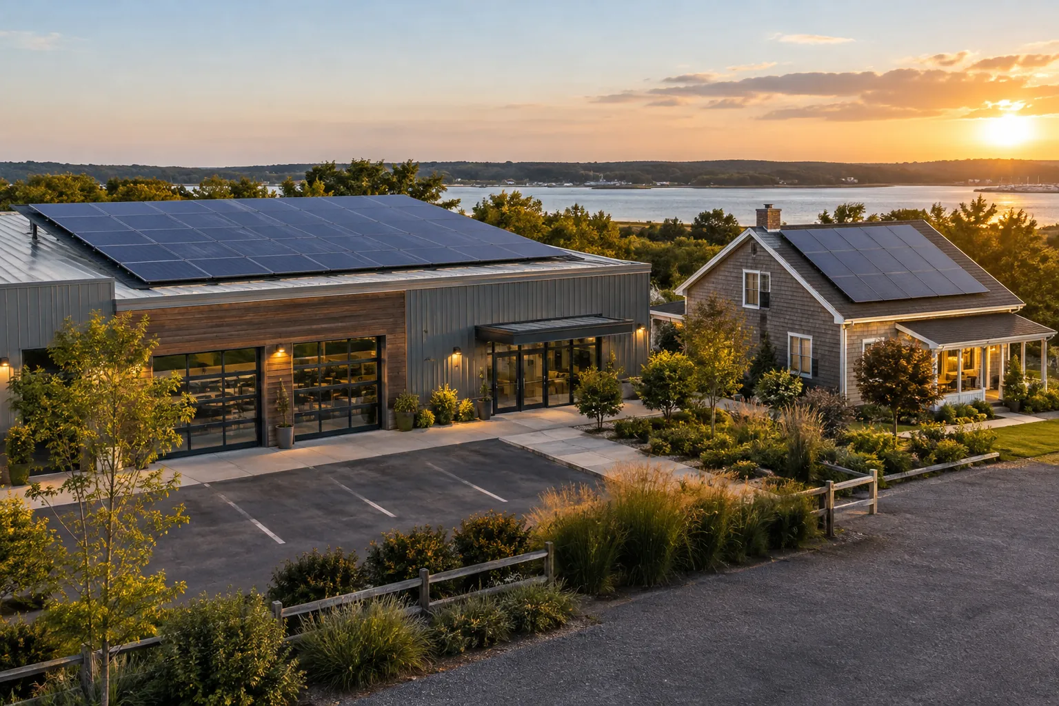 low-rise business and adjacent residence with credible rooftop solar panels