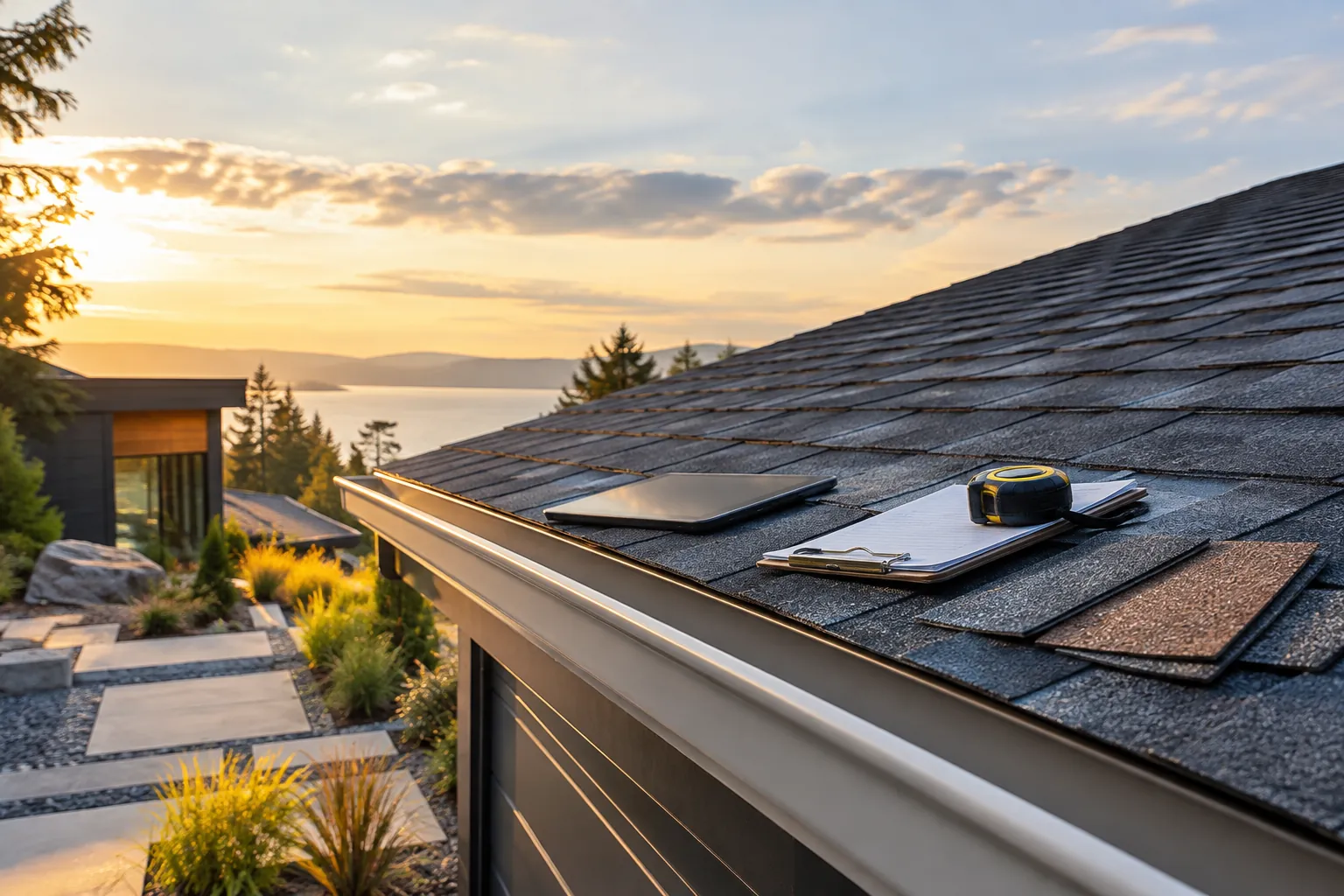 roof assessment scene with roof edge, roofing sample and inspection tools, no people