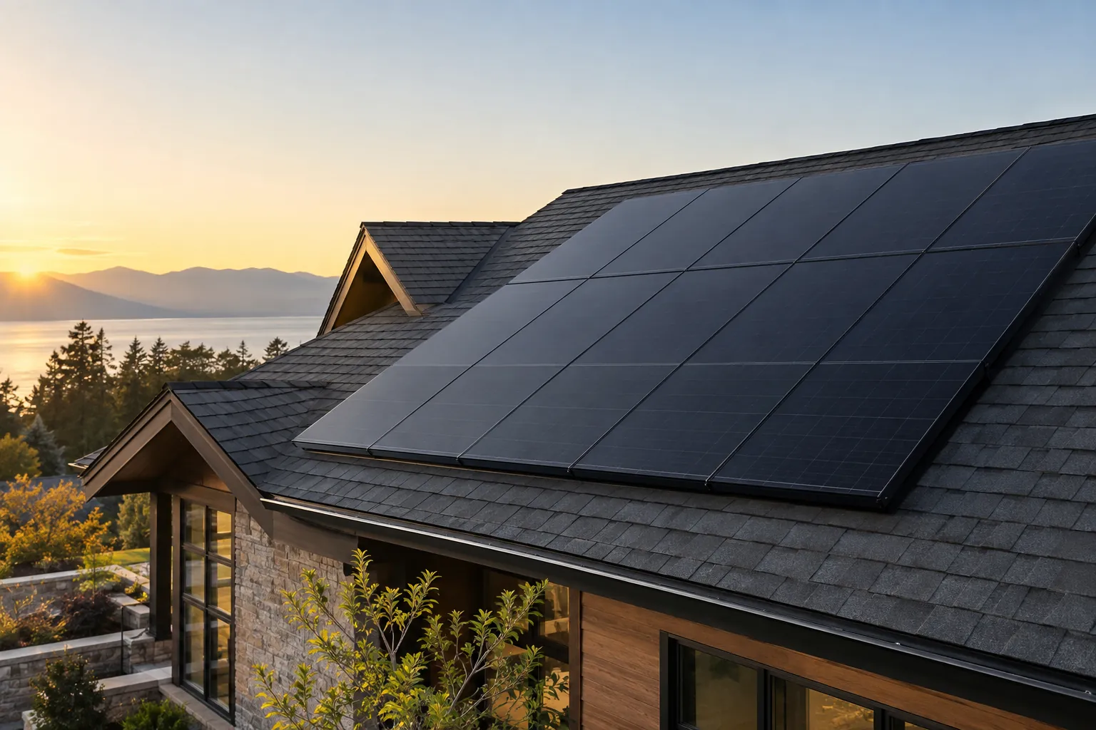 new shingle roof with neatly integrated black photovoltaic panels