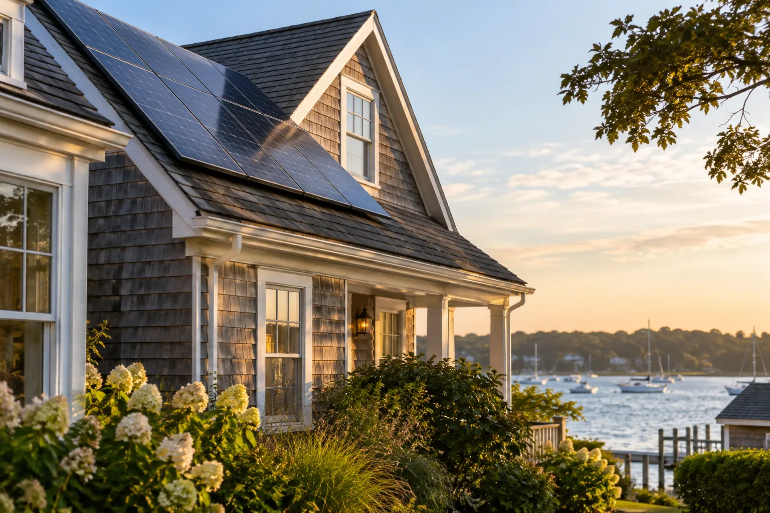 compact harbor-style traditional home with credible rooftop solar panels