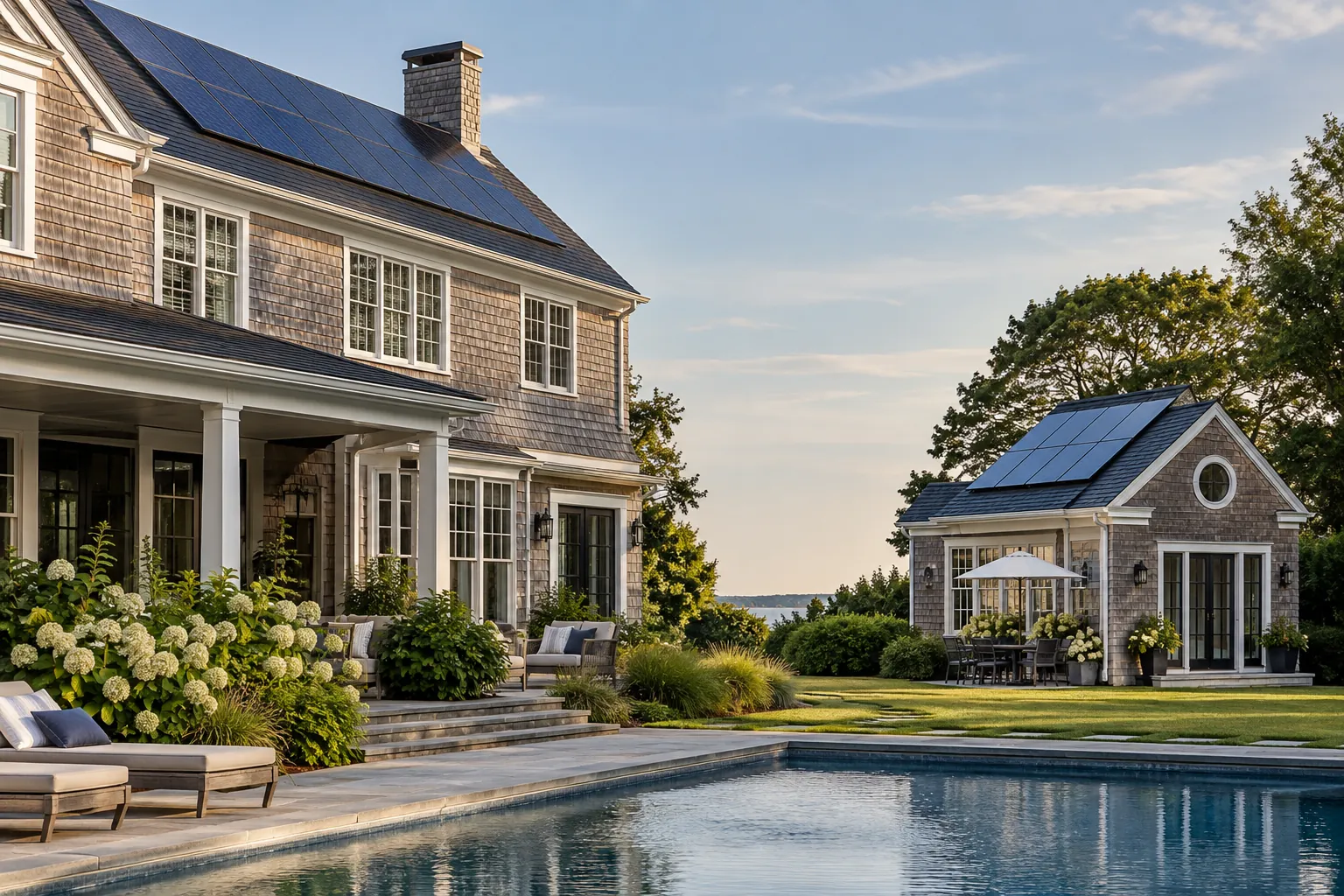 substantial shingle home with poolhouse with credible rooftop solar panels