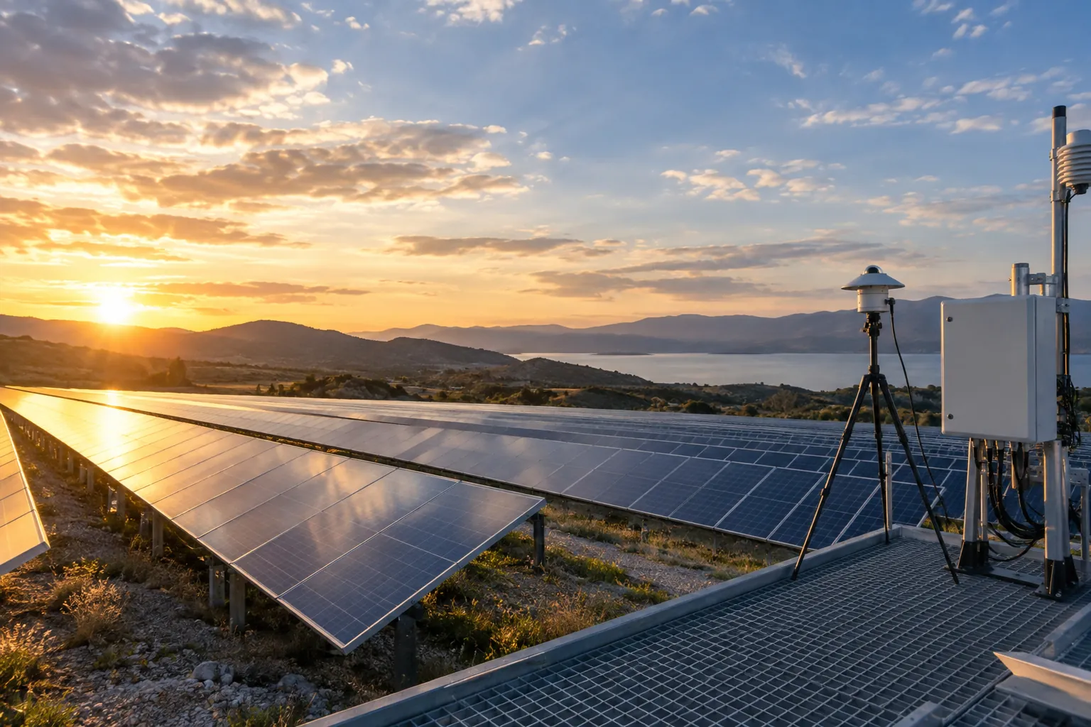 solar array in varied sunlight with measurement equipment on safe platform